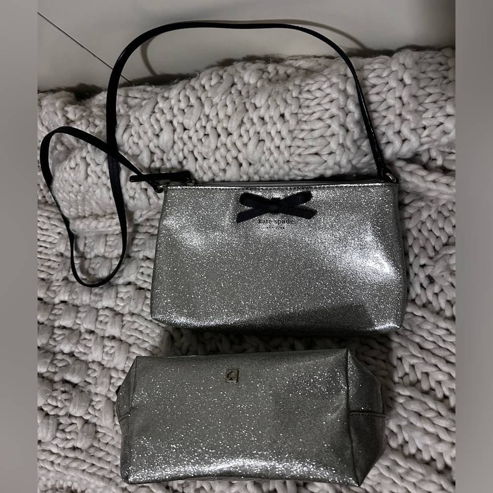 Kate Spade Silver Glitter Crossbody Purse Bundle